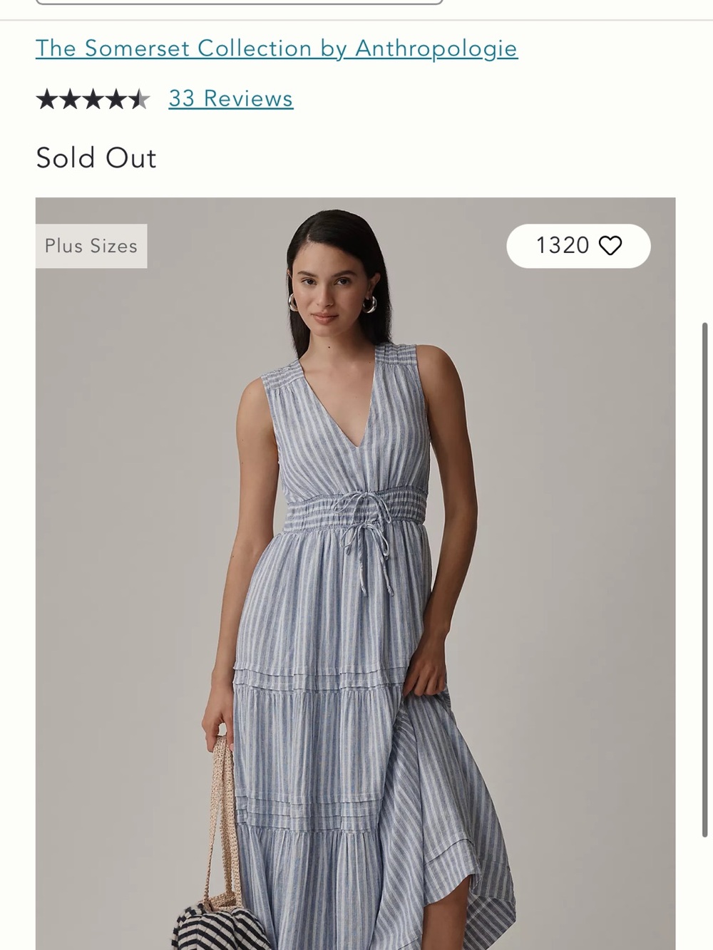 Anthropologie Blue & White Striped Tie-Waist Tiered Maxi Dress NWT